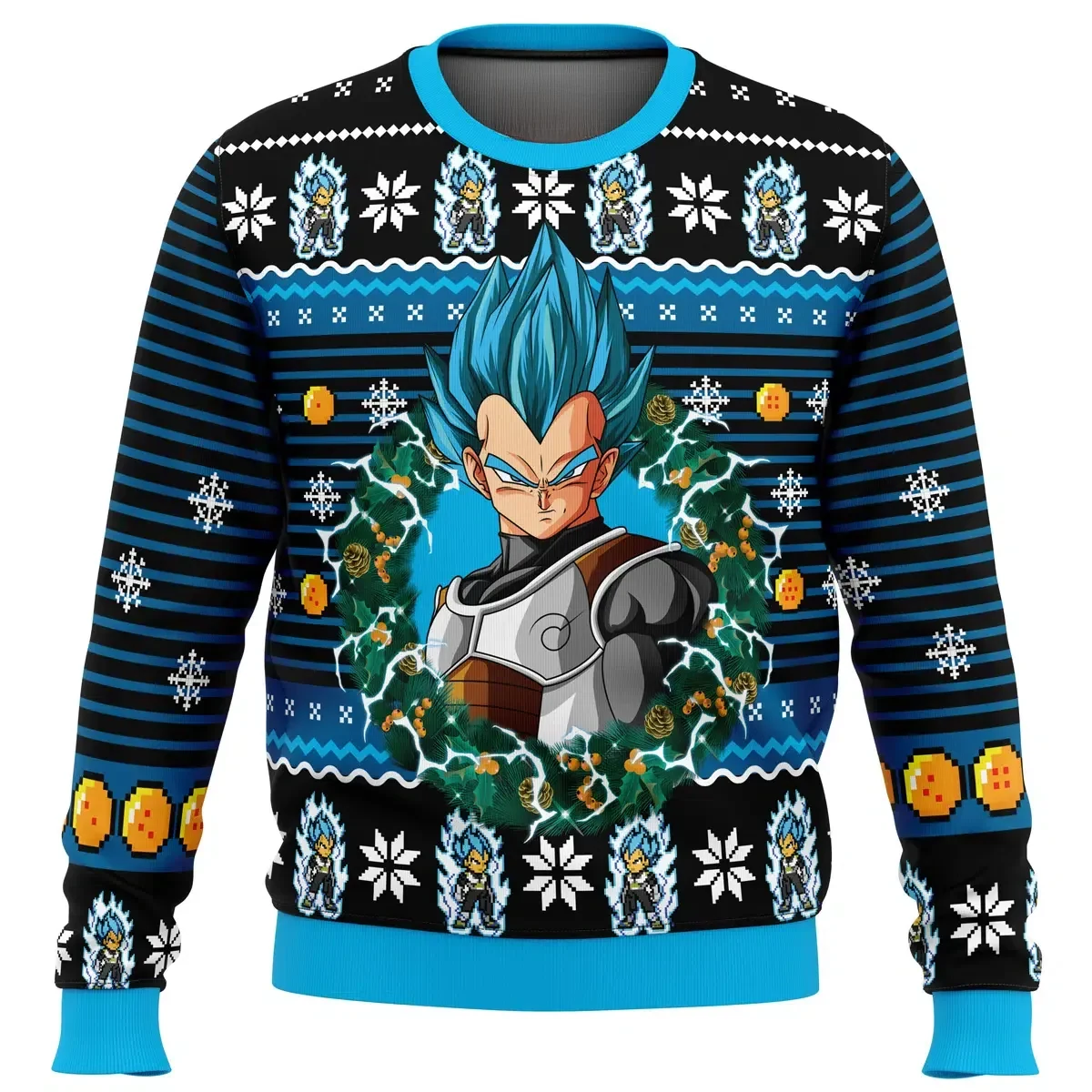 Super Saiyan Blue Vegeta Ugly Christmas Sweater, Dragon Ball Z Holiday Sweater, Royal Family Crest Back Print, Anime Xmas Gift for DBZ Fans