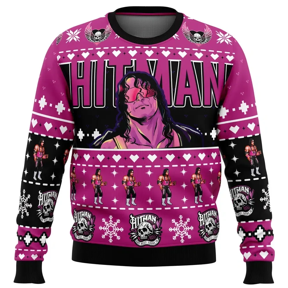 The Hitman Bret Hart Wrestler Ugly Christmas Sweater, Pro Wrestling Holiday Sweater, Pink and Black Wrestling Fan Xmas Gift for 90s Fans