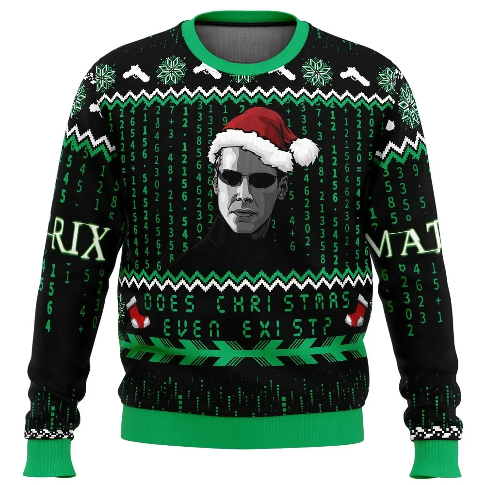 Does Christmas Even Exist Matrix Ugly Christmas Sweater, Neo The Matrix Green Code Santa Hat Holiday Sweatshirt, Movie Xmas Gift for Sci-Fi Fans