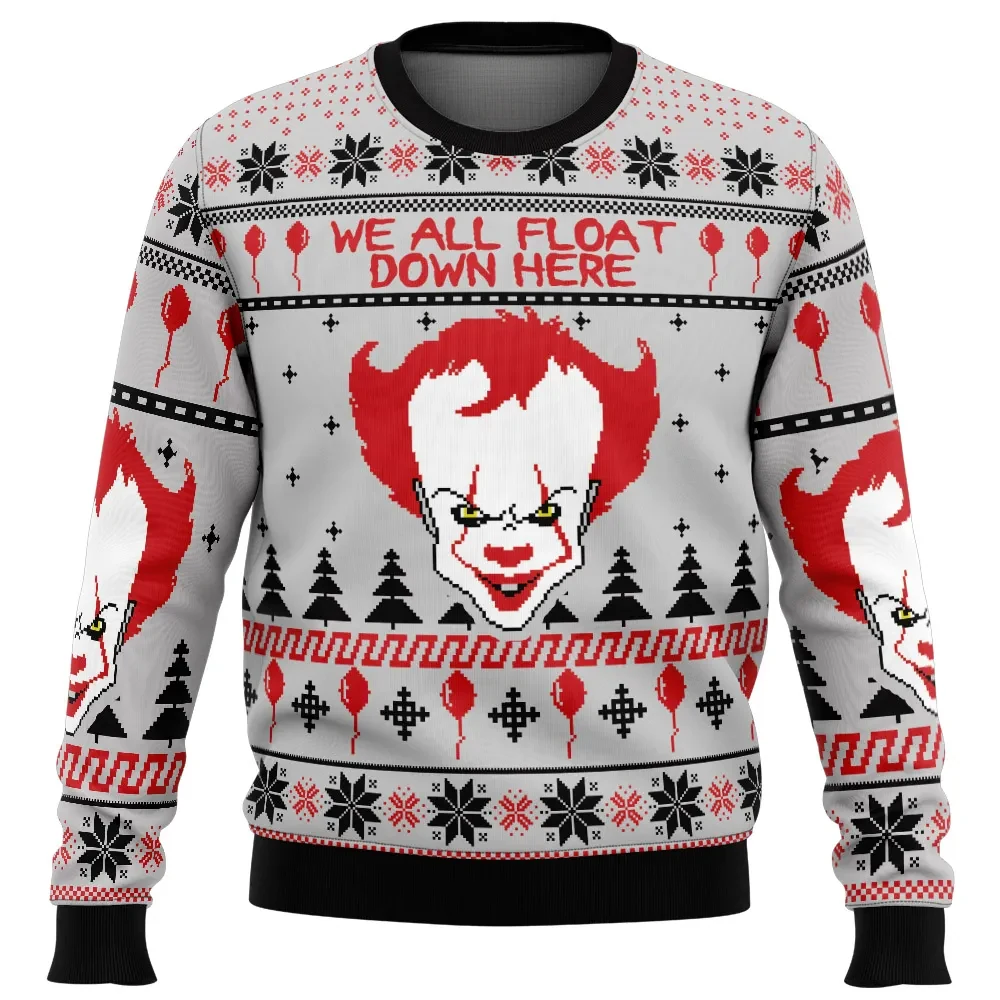 Pennywise IT Ugly Christmas Sweater, We All Float Down Here Red Balloon Holiday Sweatshirt, Horror Movie Xmas Gift for Stephen King Fans