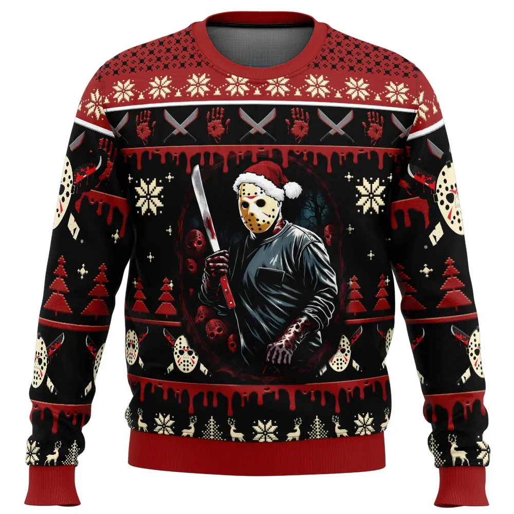 Jason Voorhees Friday the 13th Ugly Christmas Sweater, Santa Hat Hockey Mask Horror Movie Holiday Sweater, Slasher Xmas Gift for Fans