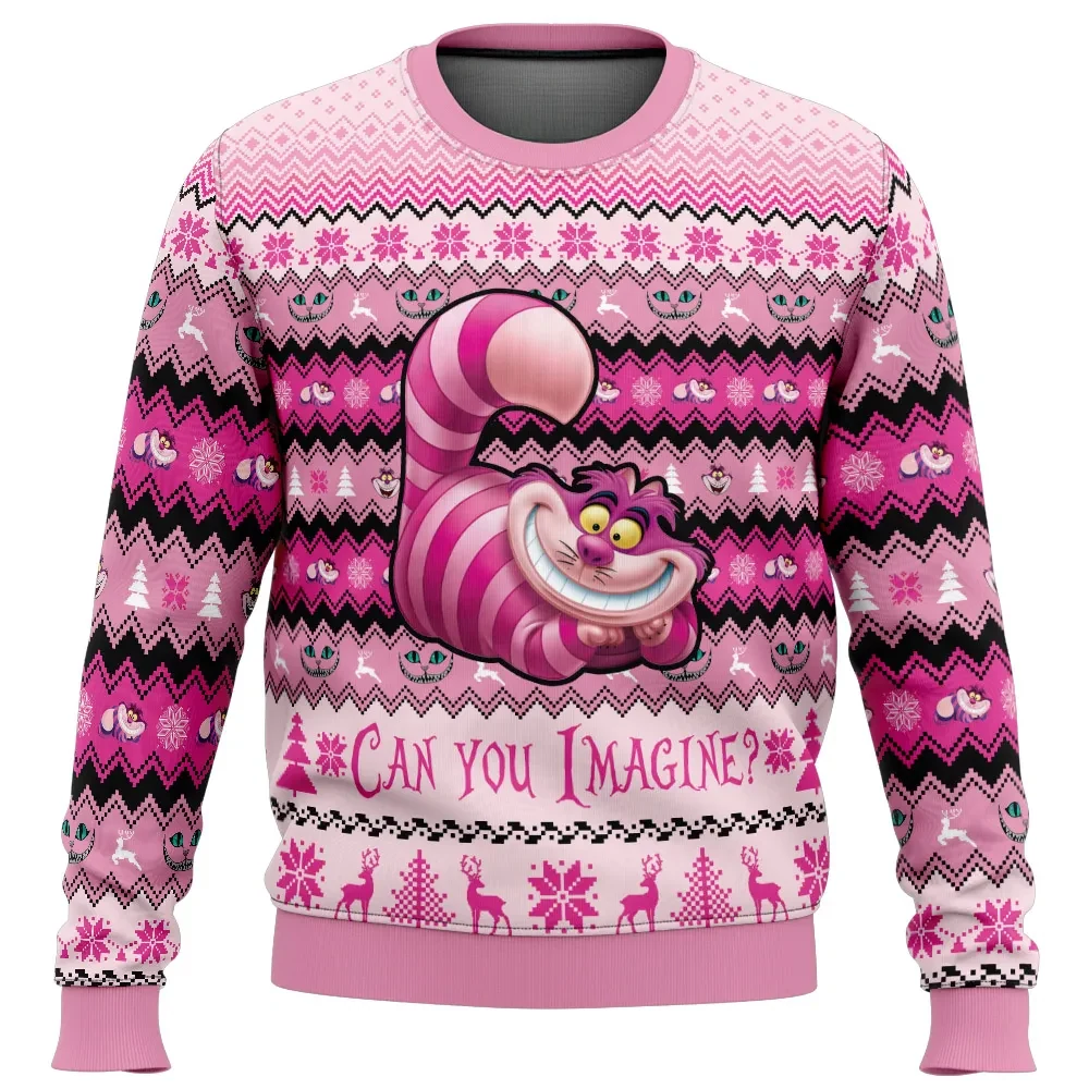Cheshire Cat Alice in Wonderland Ugly Christmas Sweater, Can You Imagine Pink Holiday Sweatshirt, Unisex Disney Xmas Gift for Cartoon Fans