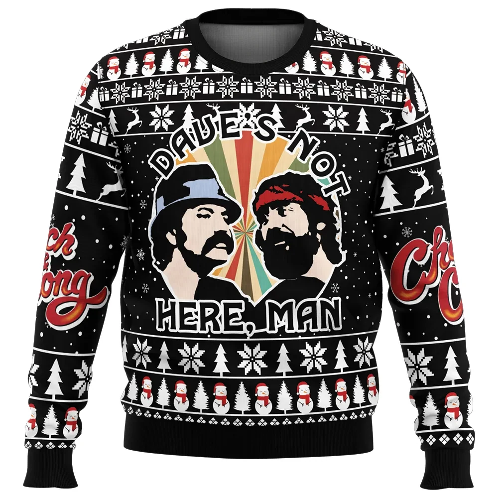 Dave's Not Here Man Cheech and Chong Ugly Christmas Sweater, Stoner Comedy Holiday Sweater, Retro Sunburst Movie Xmas Gift for Comedy Fans