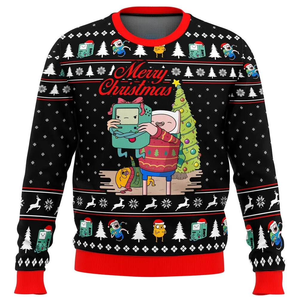 Merry Christmas BMO Finn Adventure Time Ugly Christmas Sweater, Jake and BMO Cartoon Holiday Sweater, Unisex All Over Print Xmas Jumper