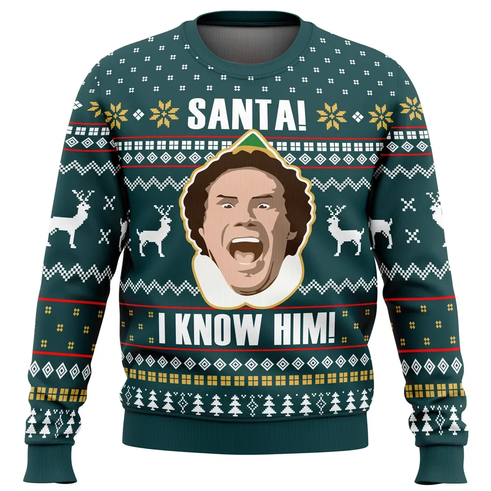 Santa I Know Him Buddy the Elf Ugly Christmas Sweater, Elf Movie Holiday Sweater, Funny Christmas Movie All Over Print Xmas Sweater