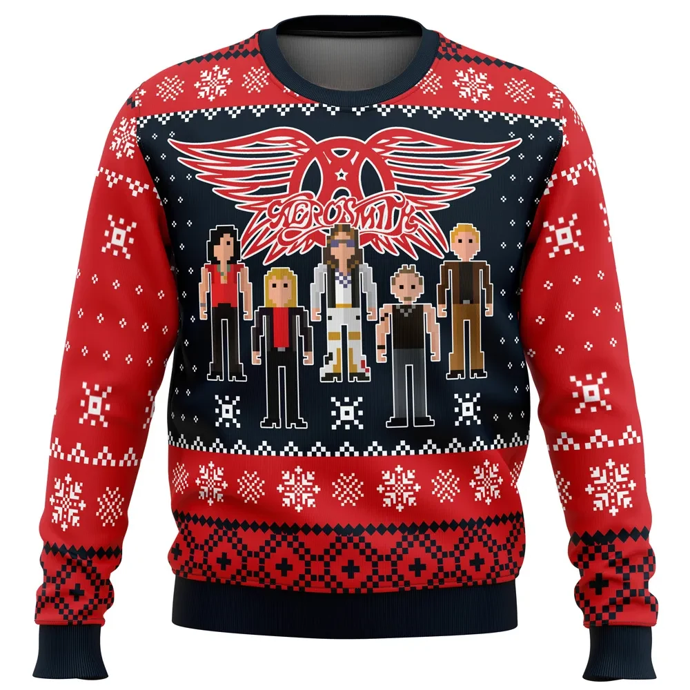 Aerosmith Ugly Christmas Sweater, Winged Logo and Pixel Art Band Members, Classic Rock Band Holiday Sweater, Music Xmas Gift for Fans