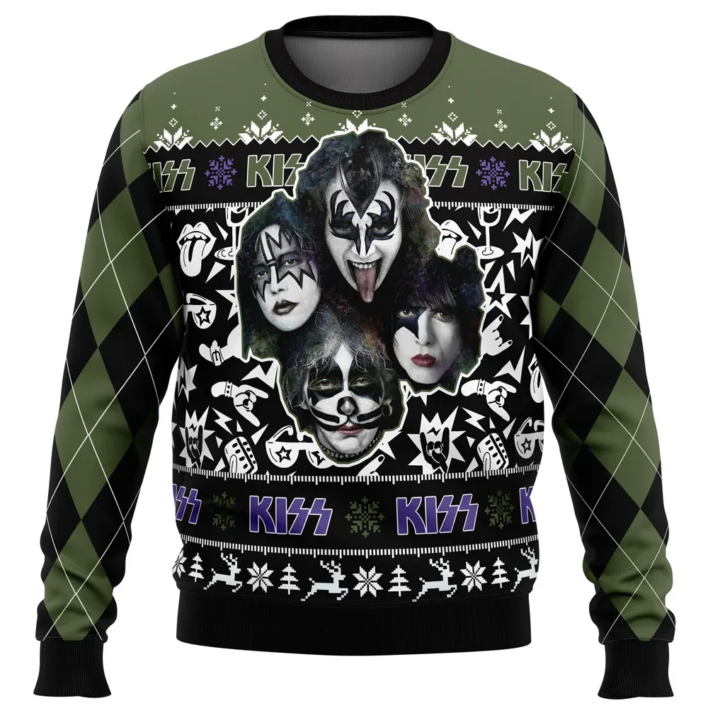 Kiss Band Ugly Christmas Sweater, Kiss Rock Band Painted Faces Holiday Sweatshirt, Unisex Music Xmas Gift for 70s Glam Fans and Concert Lovers