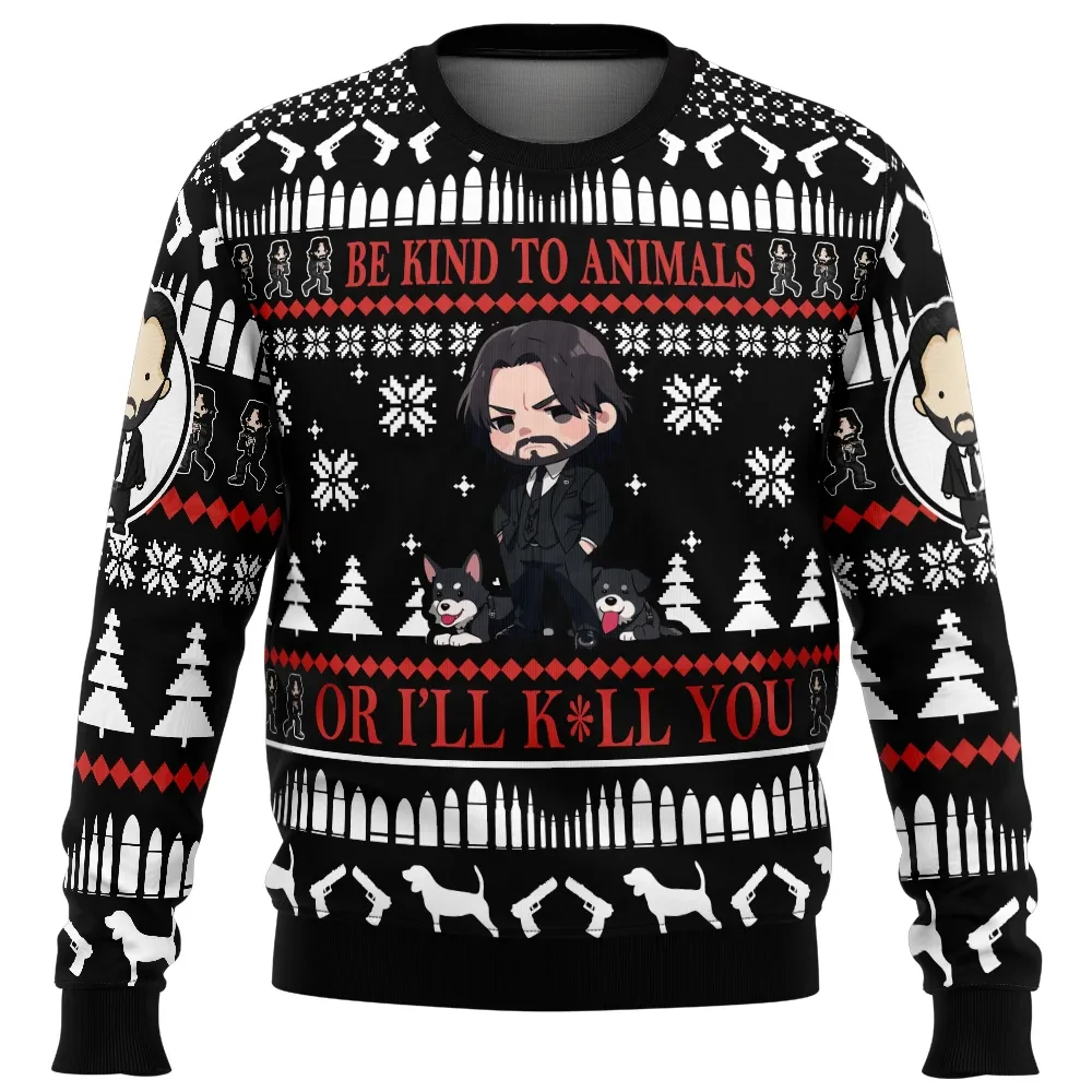 Be Kind to Animals John Wick Ugly Christmas Sweater, Chibi John Wick with Dogs, Action Movie Holiday Sweater, Funny Xmas Gift for Fans