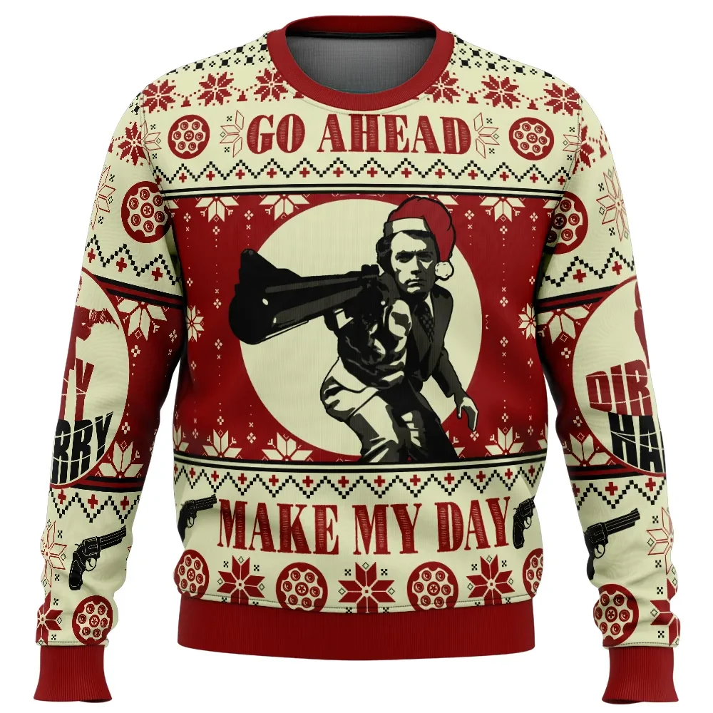 Go Ahead Make My Day Dirty Harry Ugly Christmas Sweater, Clint Eastwood Movie Holiday Sweater, Classic 70s Action Movie Xmas Gift for Dads