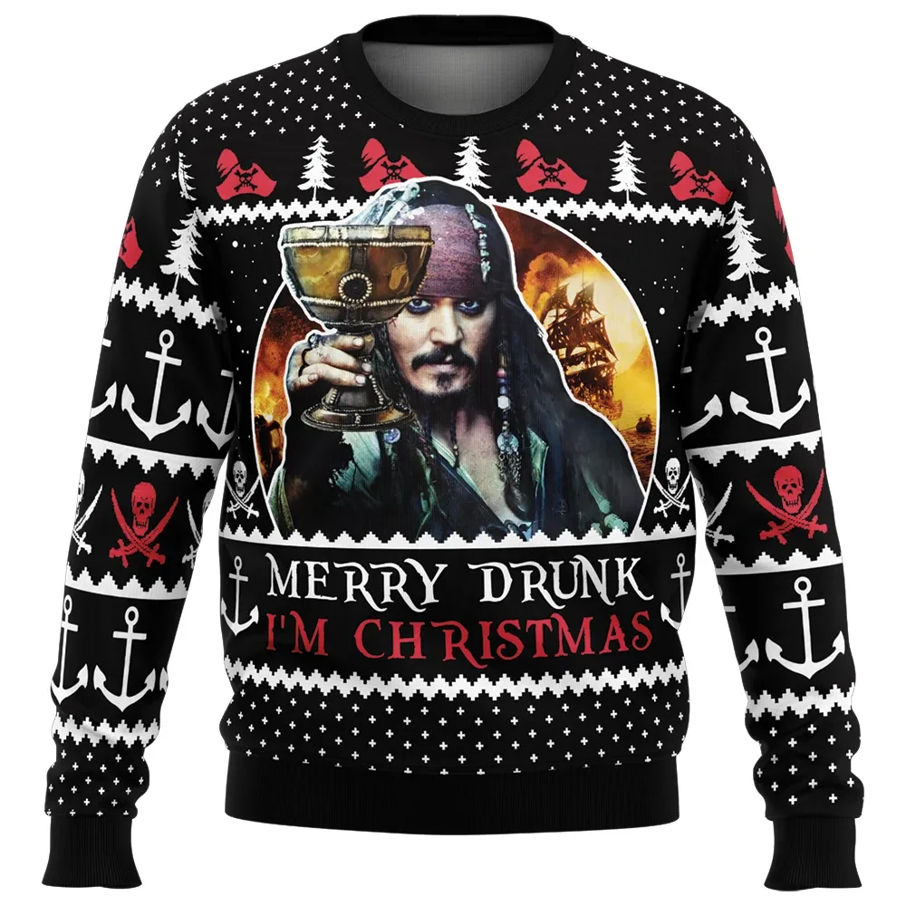 Merry Drunk I'm Christmas Pirates of the Caribbean Ugly Christmas Sweater, Jack Sparrow Movie Holiday Sweater, Xmas Jumper