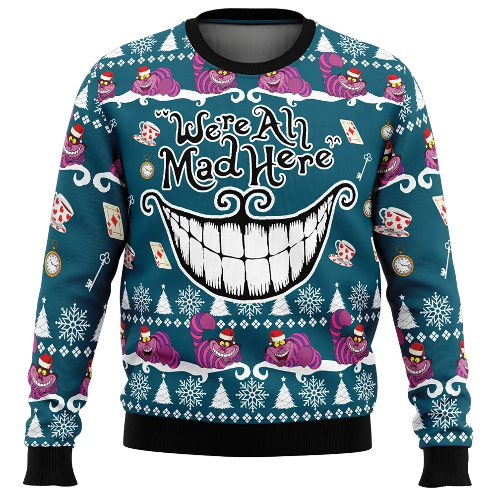 We're All Mad Here Alice in Wonderland Ugly Christmas Sweater, Cheshire Cat Grin Holiday Sweatshirt, Unisex Disney Xmas Gift for Fans