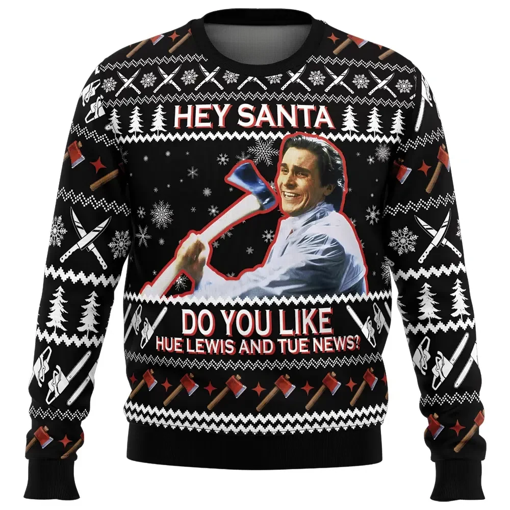 Hey Santa Do You Like Huey Lewis and the News American Psycho Ugly Christmas Sweater, Patrick Bateman Movie Holiday Sweater, Xmas Jumper