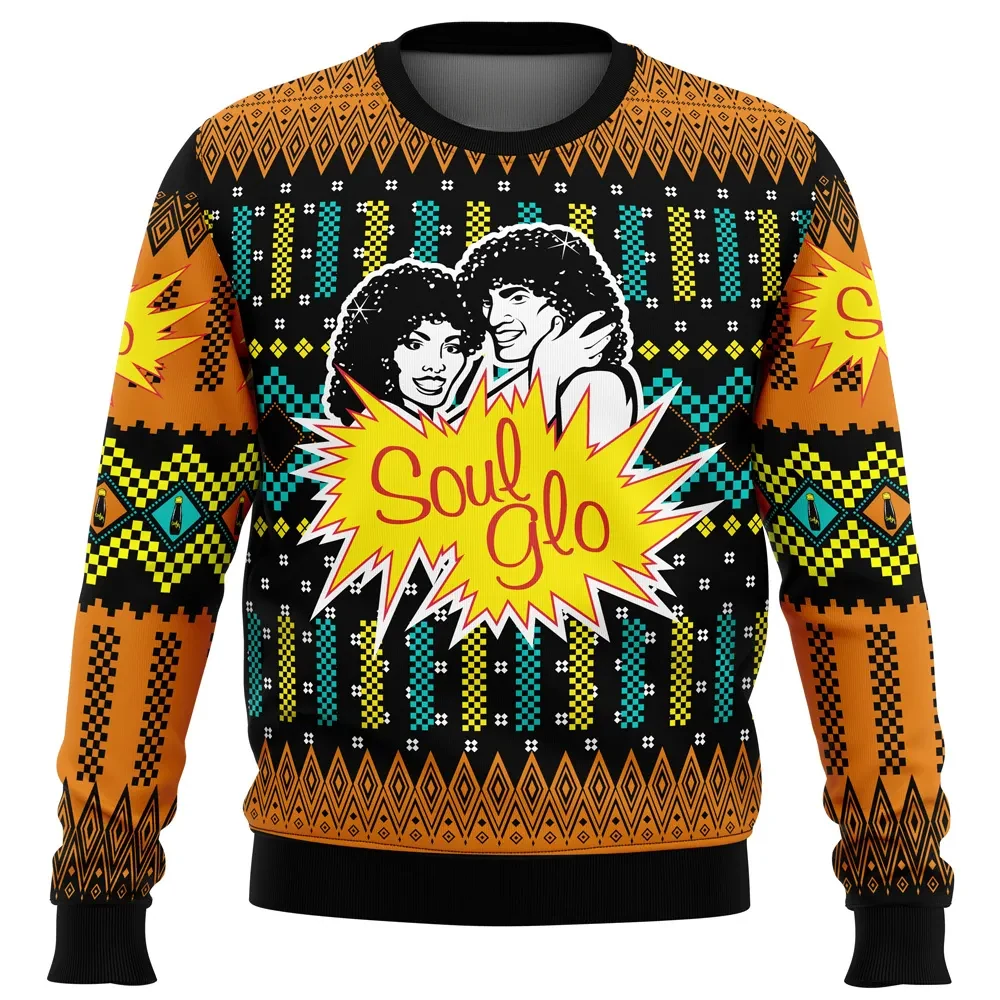 Soul Glo Coming to America Ugly Christmas Sweater, Funny 80s Comedy Movie Holiday Sweater, Retro Hair Commercial Xmas Gift, Unisex Pullover