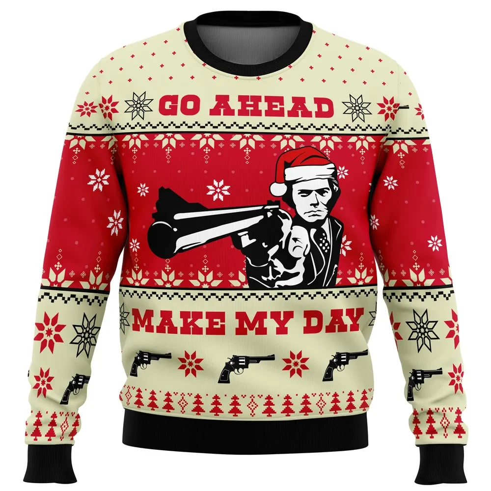 Go Ahead Make My Day Dirty Harry Ugly Christmas Sweater, Clint Eastwood Santa Hat Holiday Sweatshirt, Classic Cop Movie Xmas Gift for Fans