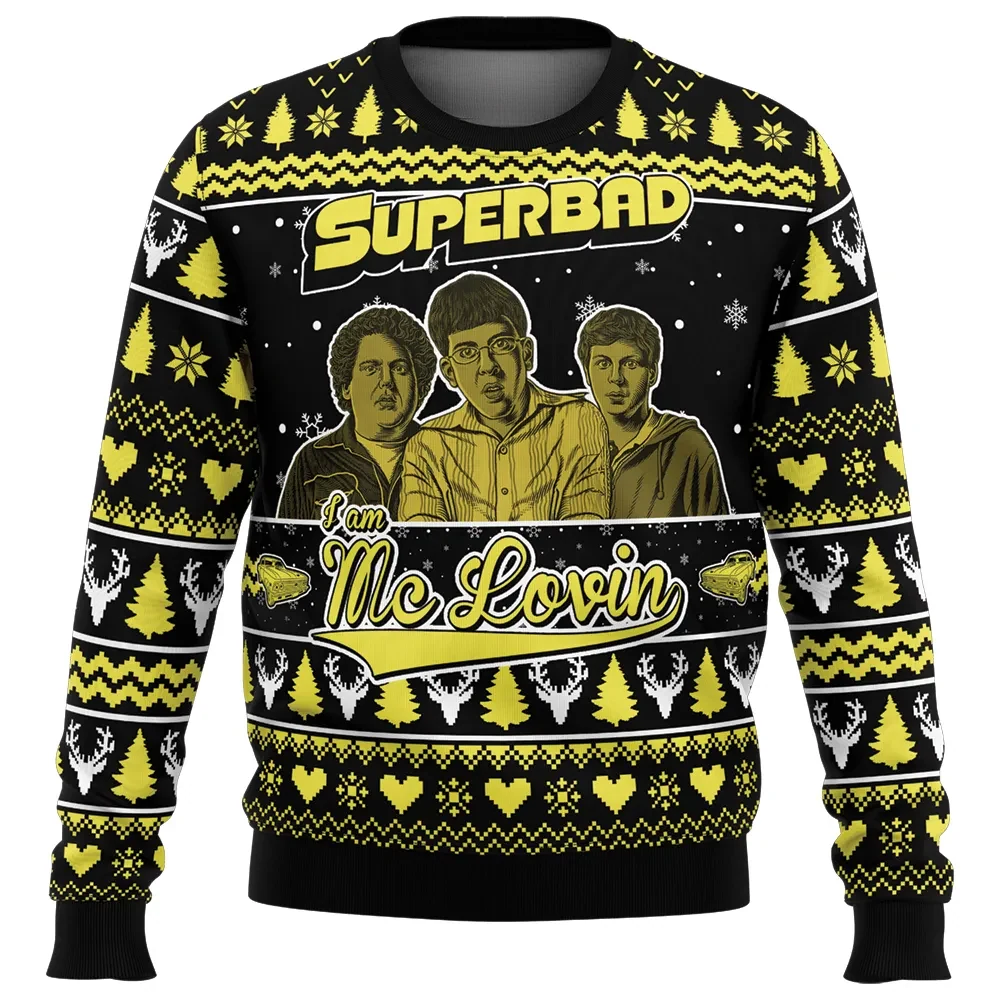 I Am McLovin Superbad Ugly Christmas Sweater, Funny Comedy Movie Holiday Sweater, Black and Yellow Xmas Sweatshirt, Gift for Movie Fans