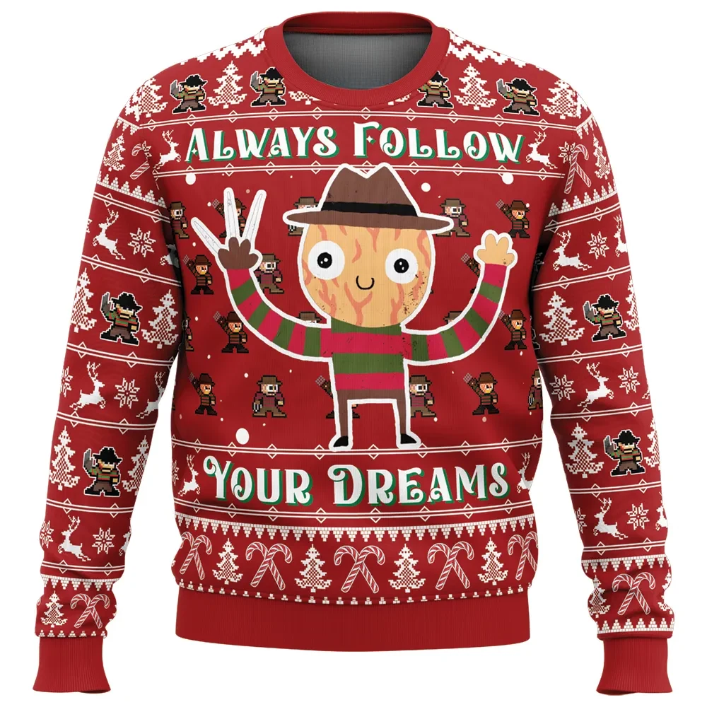 Always Follow Your Dreams Nightmare on Elm Street Ugly Christmas Sweater, Freddy Krueger Horror Holiday Sweater, Xmas Sweater