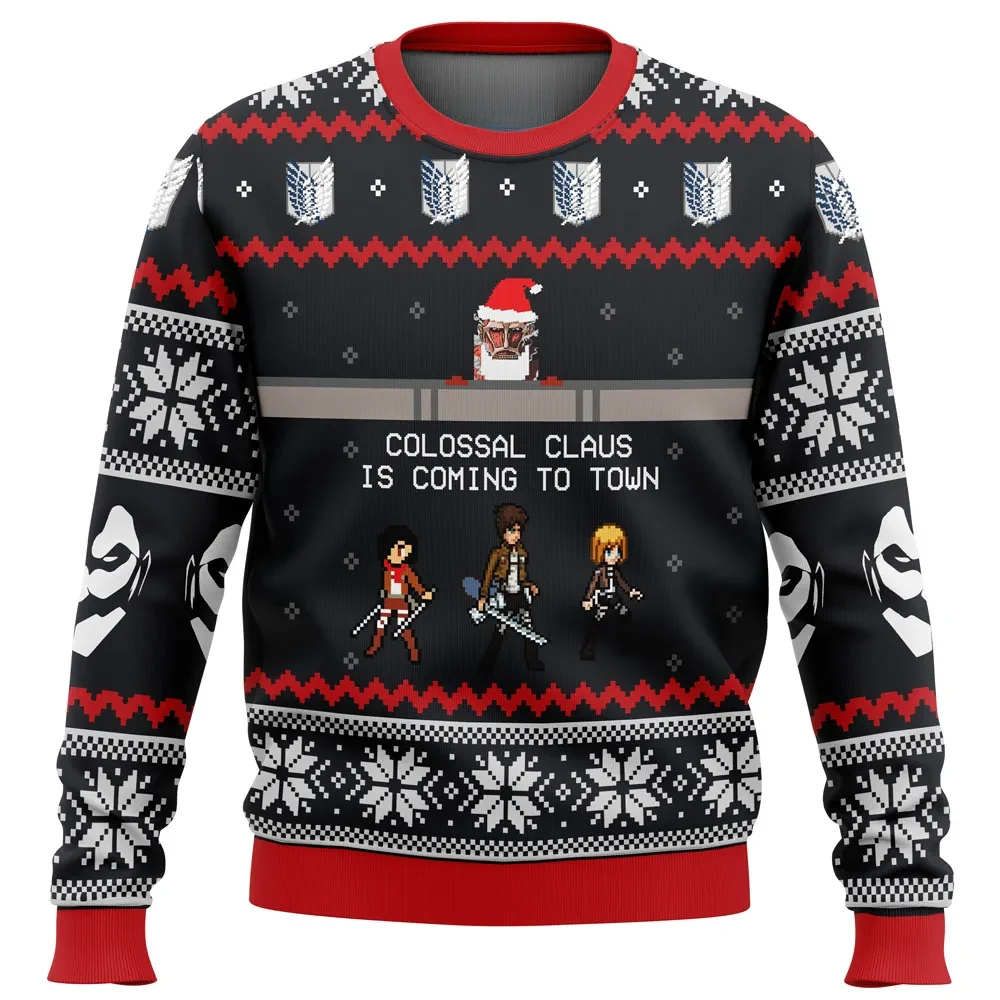 Attack on Titan Colossal Claus Is Coming to Town Ugly Christmas Sweater, Colossal Titan Anime Holiday Sweater, Unisex Xmas Jumper