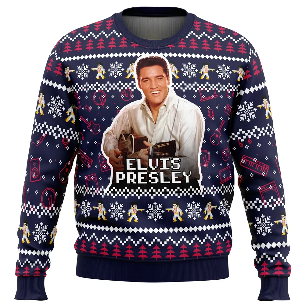 Elvis Presley Ugly Christmas Sweater, The King of Rock and Roll Holiday Sweater, Dancing Elvis Fair Isle Pattern, Music Xmas Gift for Fans
