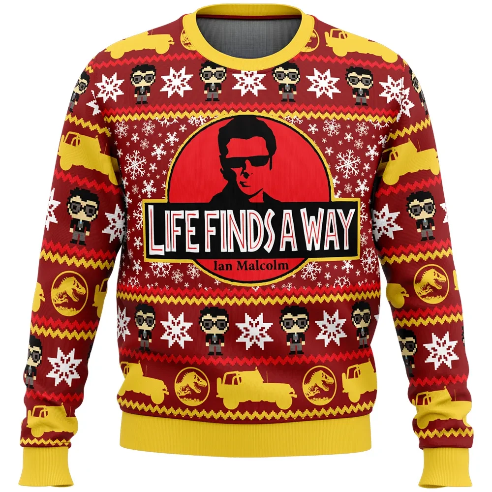 Life Finds a Way Jurassic Park Ugly Christmas Sweater, Ian Malcolm Holiday Sweater, Unisex All Over Print Dinosaur Movie Xmas Gift for Fans