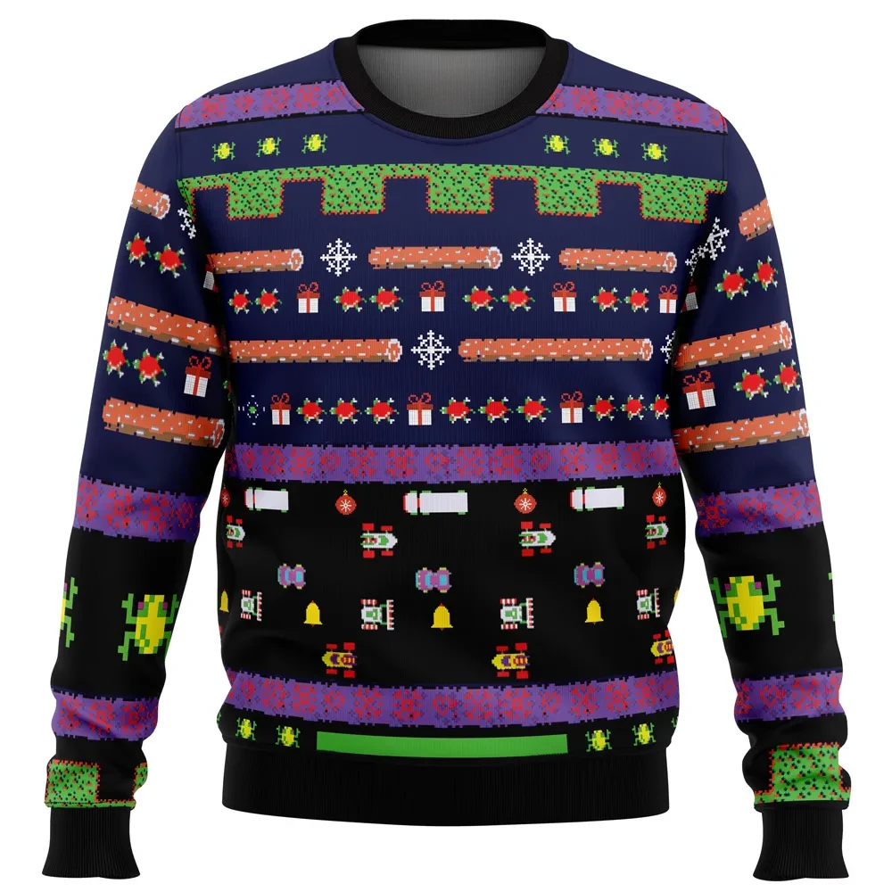 Frogger Ugly Christmas Sweater, Retro Arcade Game Holiday Sweater, 80s Pixel Frog Road Crossing Gamer Xmas Gift for Classic Fans