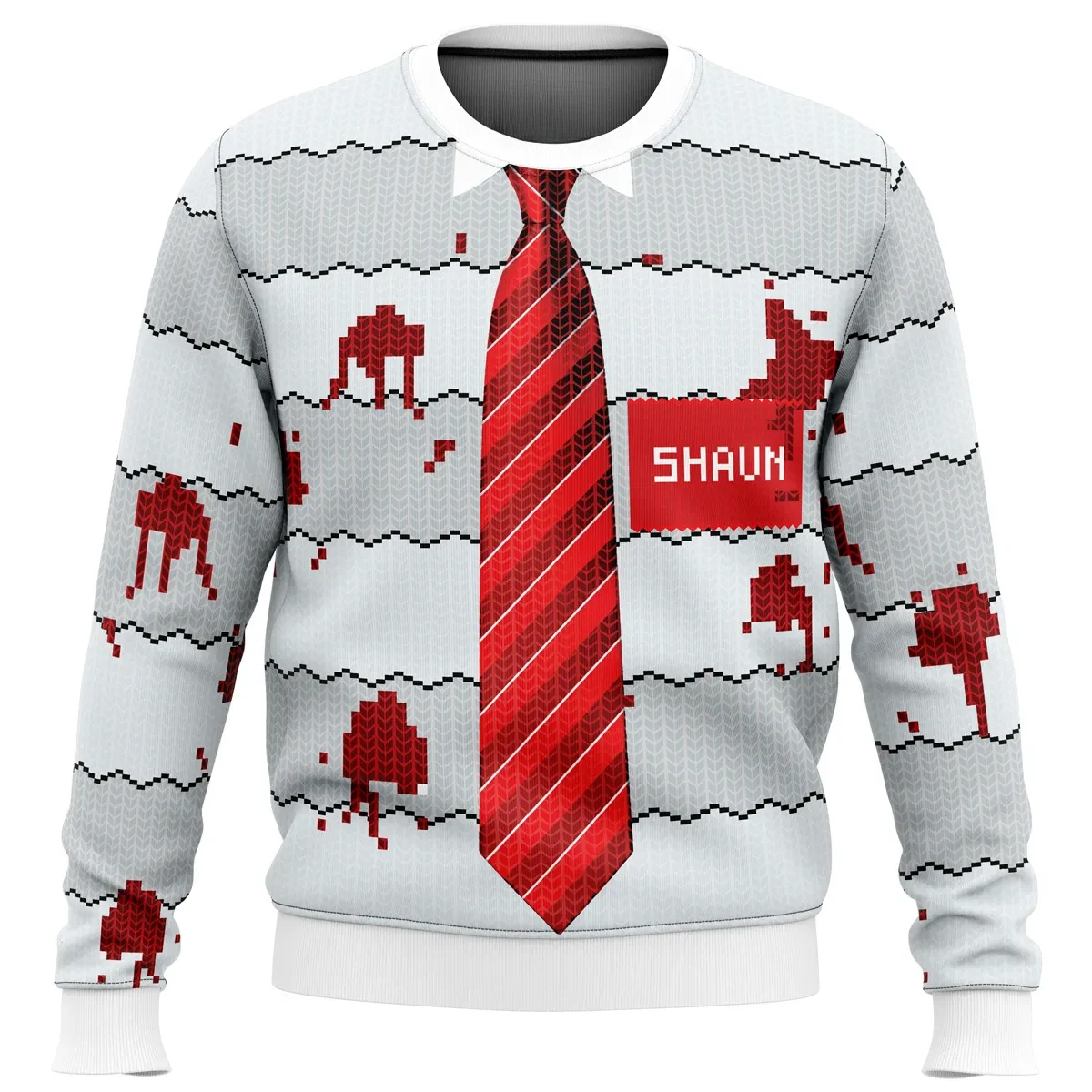 Shaun of the Dead Ugly Christmas Sweater, Zombie Movie Holiday Sweater, Red Tie and Name Tag Print, Horror Comedy Xmas Gift for Film Fans