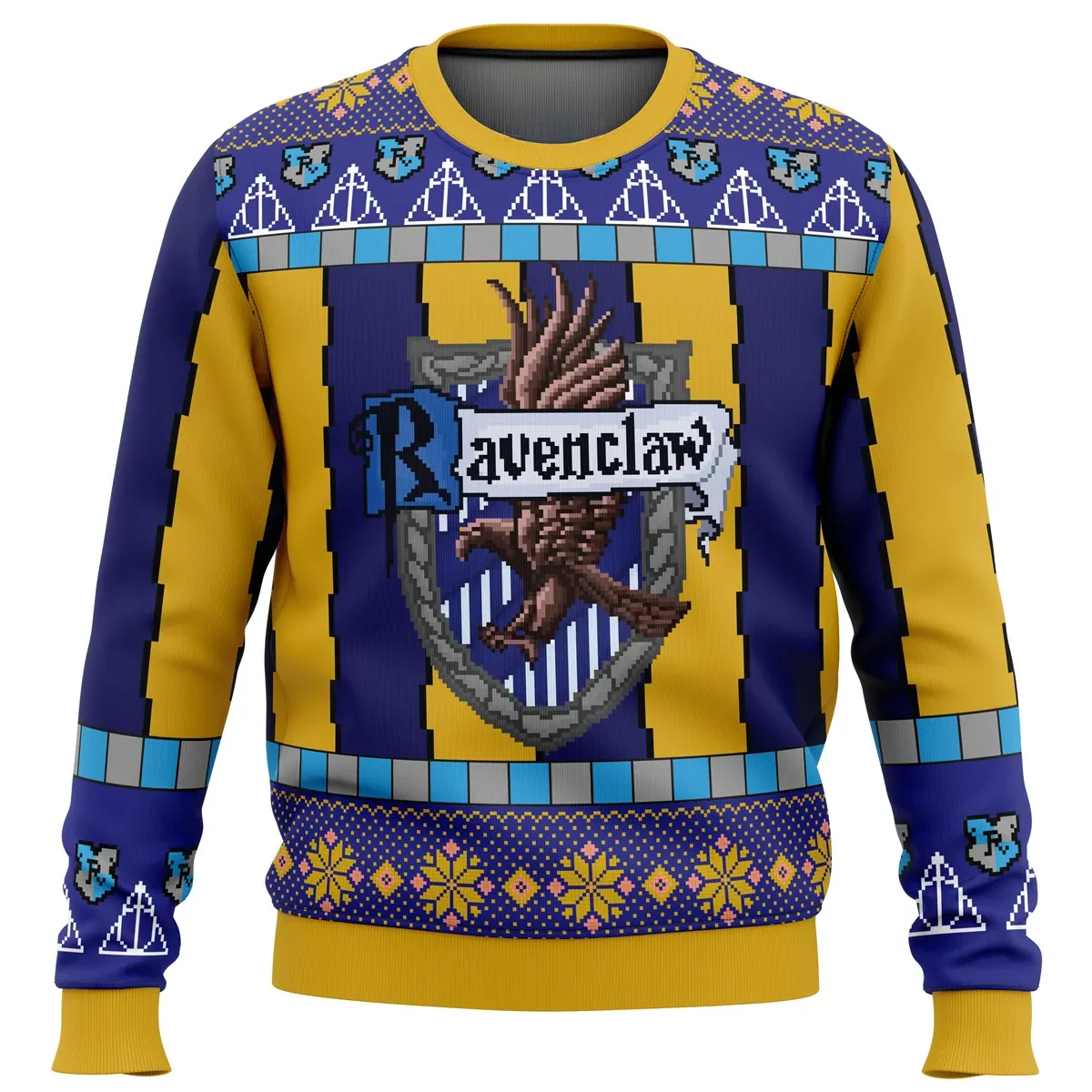 Ravenclaw House Crest Ugly Christmas Sweater, Harry Potter Holiday Sweater, Deathly Hallows Navy and Gold Wizard Xmas Gift for Fans