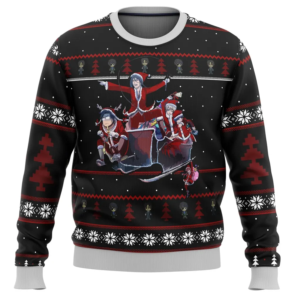 Black Butler Holiday Ugly Christmas Sweater, Kuroshitsuji Anime Holiday Sweater, Sebastian and Ciel Xmas Gift, Unisex All Over Print Sweatshirt