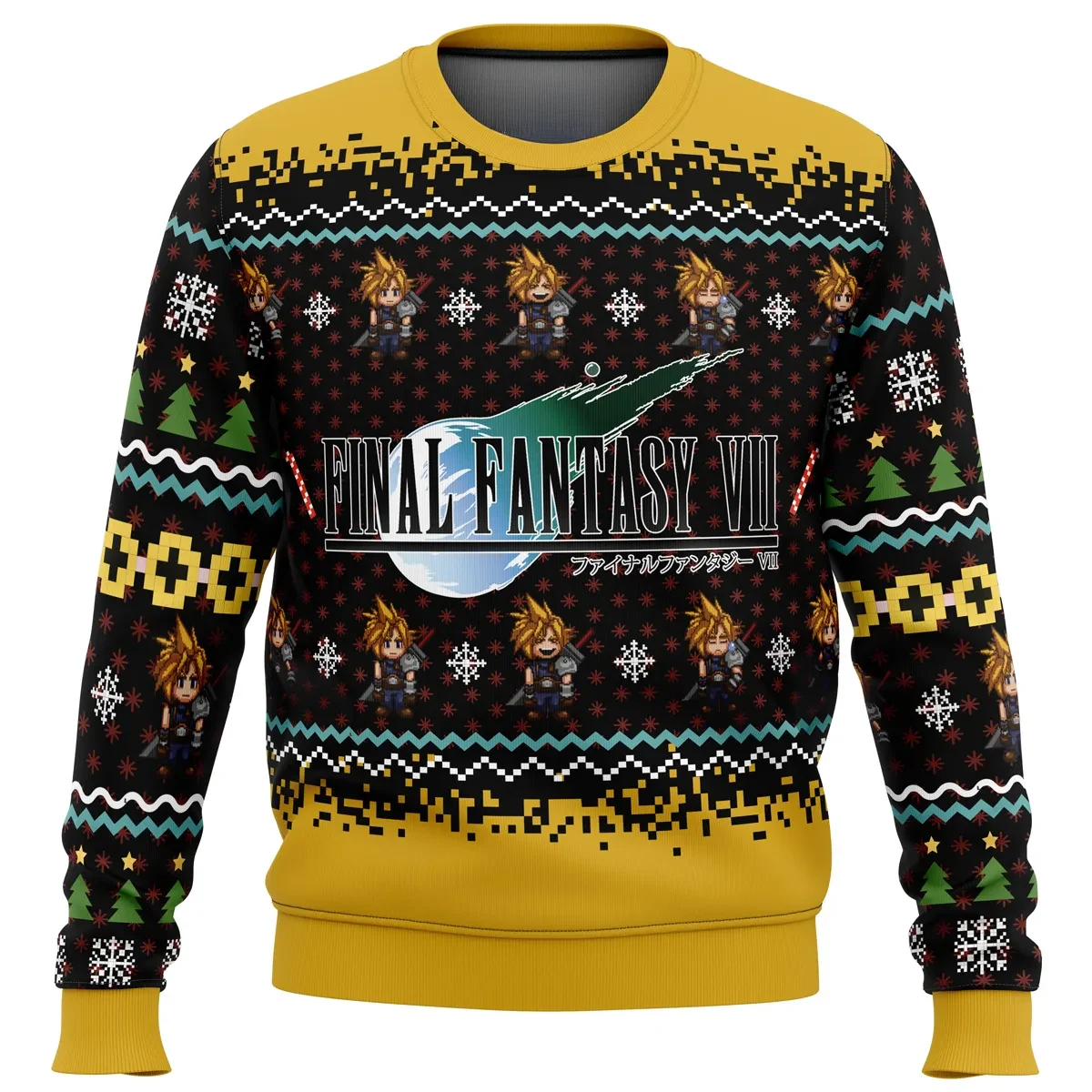 Final Fantasy VII Ugly Christmas Sweater, Cloud Strife Chibi Gamer Holiday Sweatshirt, Unisex All Over Print Xmas Gift for JRPG Fans