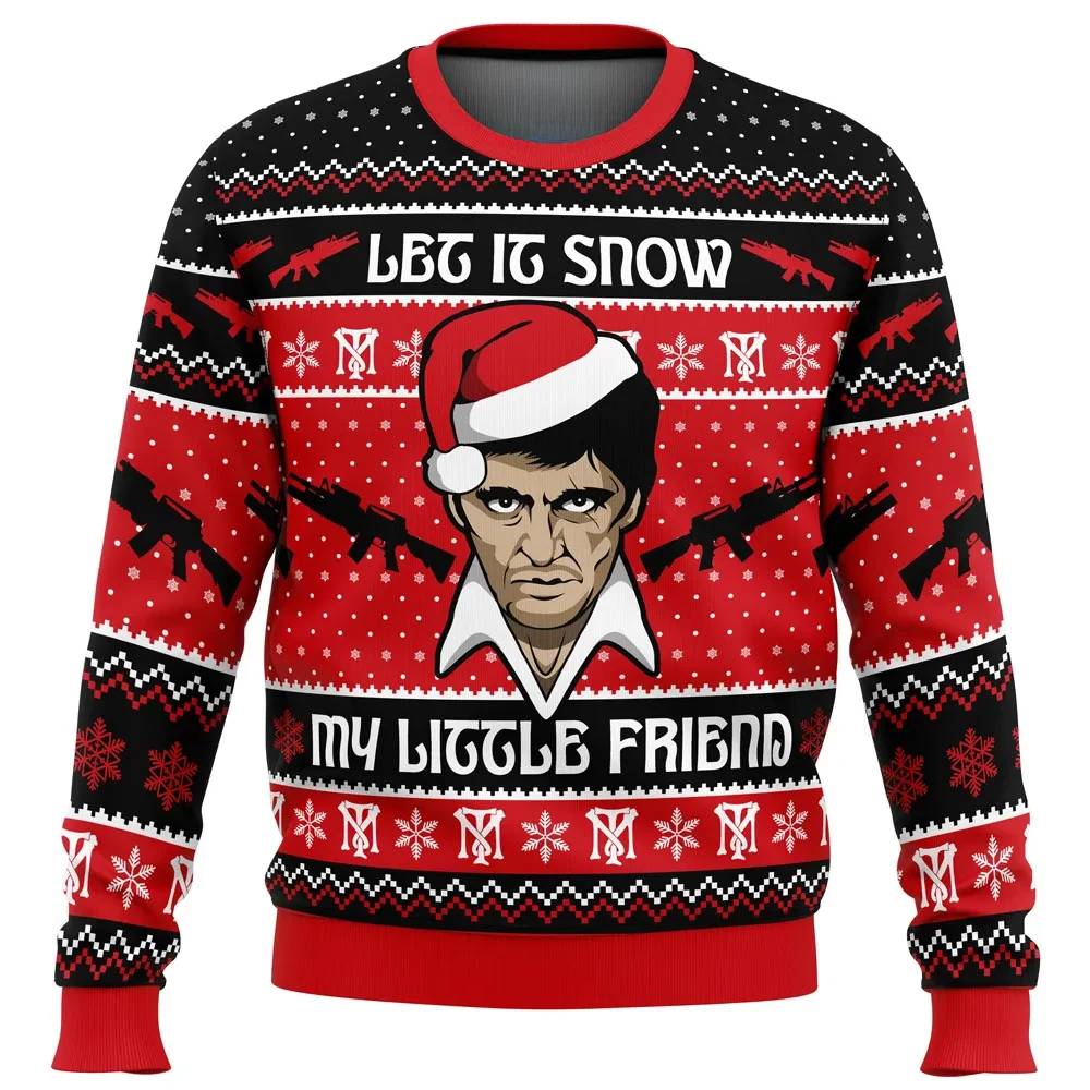 Let It Snow Scarface Ugly Christmas Sweater, Tony Montana My Little Friend Holiday Sweater, Red and Black Unisex Sweatshirt, Movie Xmas Gift