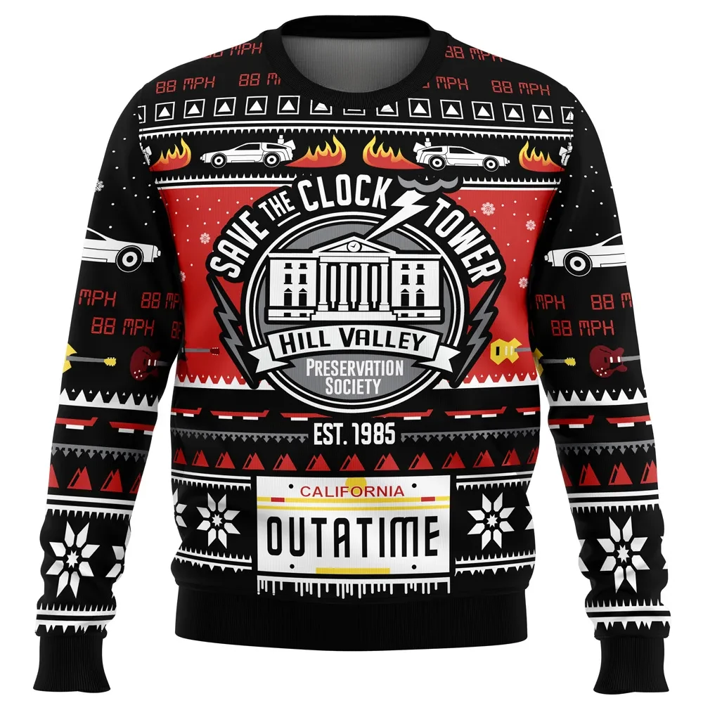 Save The Clock Tower Back To The Future Ugly Christmas Sweater, Hill Valley Outatime DeLorean Movie Holiday Sweater, Xmas Gift for 80s Fans