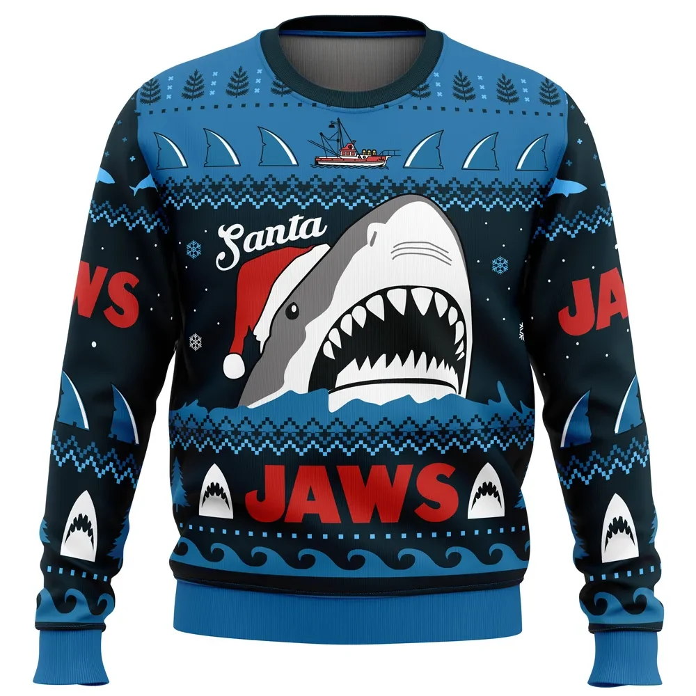 Santa Jaws Ugly Christmas Sweater, Great White Shark in Santa Hat Holiday Sweater, Classic Horror Movie Unisex Pullover, Xmas Party Gift