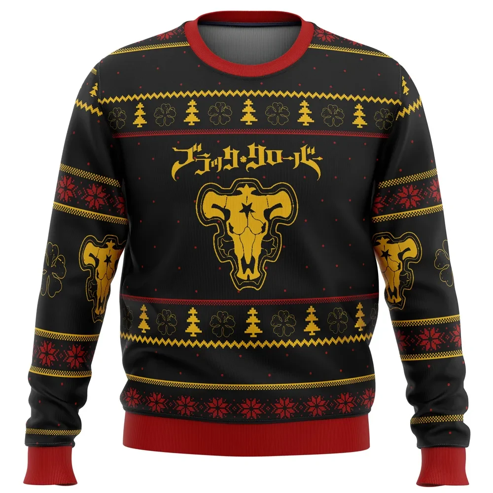 Black Clover Black Bulls Ugly Christmas Sweater, Black Bull Squad Emblem Holiday Sweater, Magic Knight Anime Xmas Gift for Squad Fans