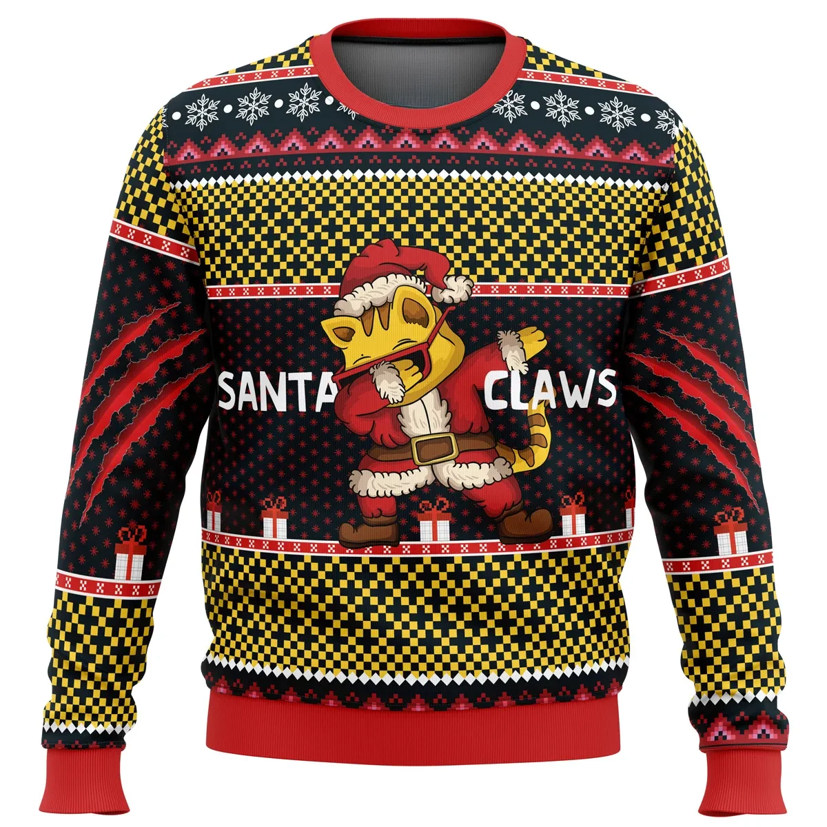 Santa Claws Ugly Christmas Sweater, Dabbing Cat Santa Holiday Sweater, Orange Tabby in Red Suit Unisex Sweatshirt, Funny Cat Lover Xmas Gift