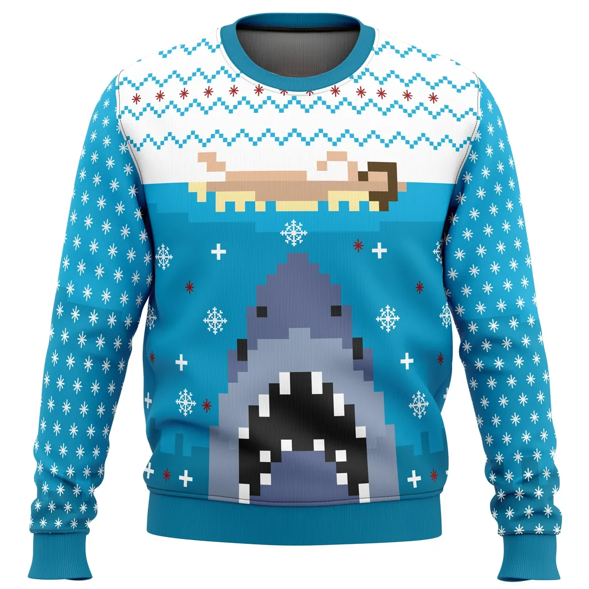 Jaws Ugly Christmas Sweater, Pixel Art Shark Movie Holiday Sweatshirt, Unisex All Over Print Jumper, Classic Movie Xmas Gift for Film Lovers