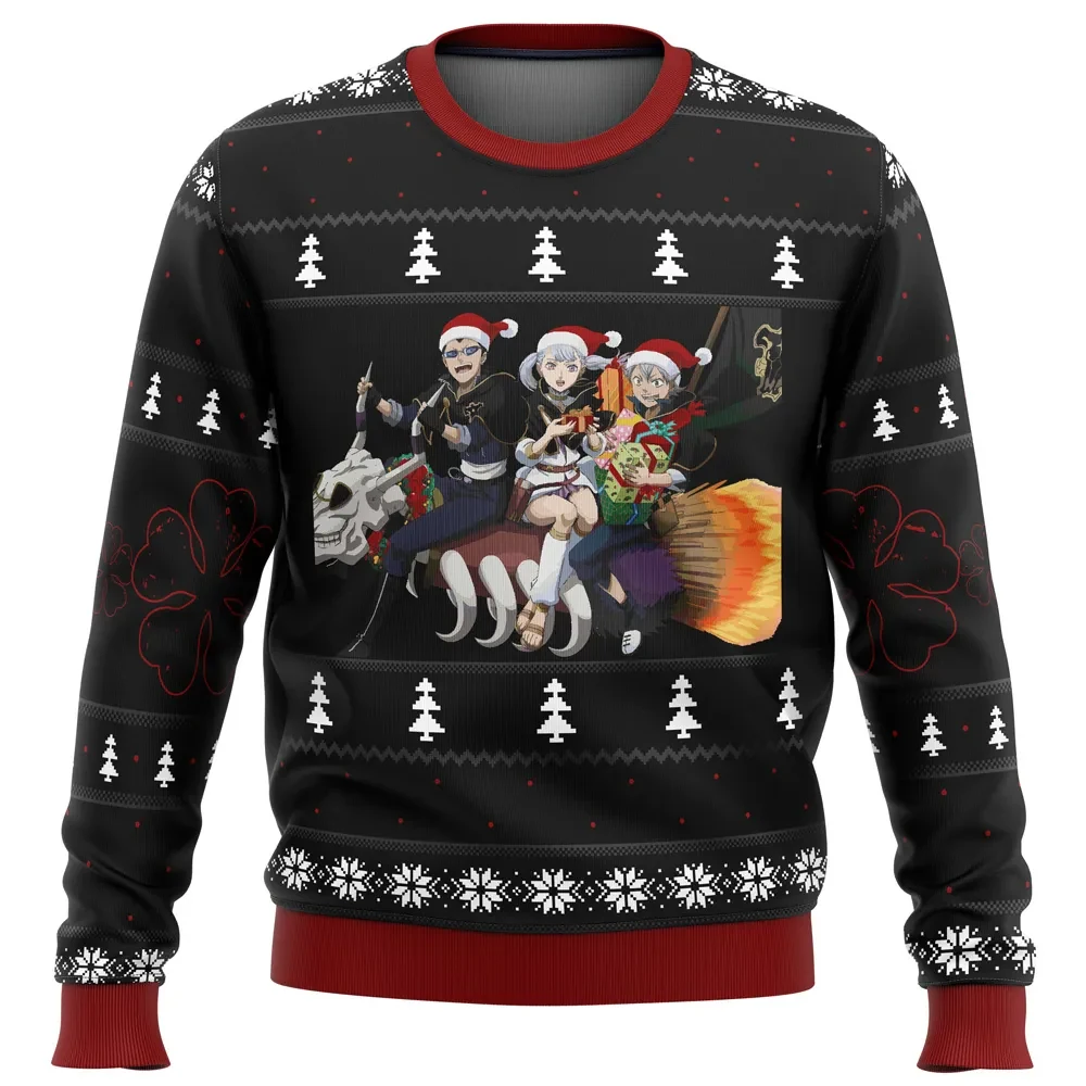 Black Clover Holiday Ugly Christmas Sweater, Black Clover Anime Santa Hat Holiday Sweatshirt, Unisex Xmas Gift for Magic Knight Fans
