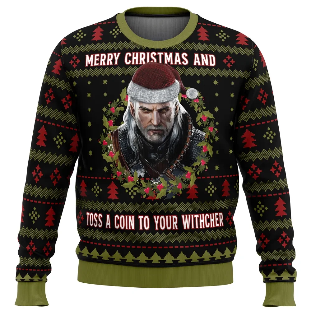 Merry Christmas and Toss a Coin to Your Witcher Ugly Christmas Sweater, The Witcher Geralt Holiday Sweater, Gamer Xmas Sweater