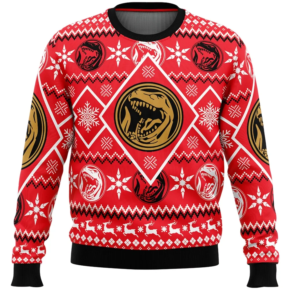 Christmas Red Ranger Mighty Morphin Tyrannosaurus Power Rangers Ugly Christmas Sweater, 90s TV Show Holiday Sweater, All Over Print Xmas Sweater