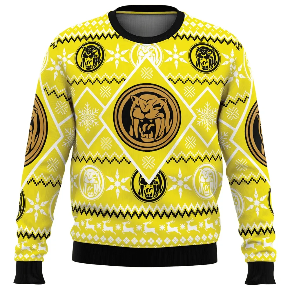 Christmas Yellow Ranger Power Rangers Ugly Christmas Sweater, Mighty Morphin Sabertooth Tiger Coin Holiday Sweatshirt, Xmas Gift