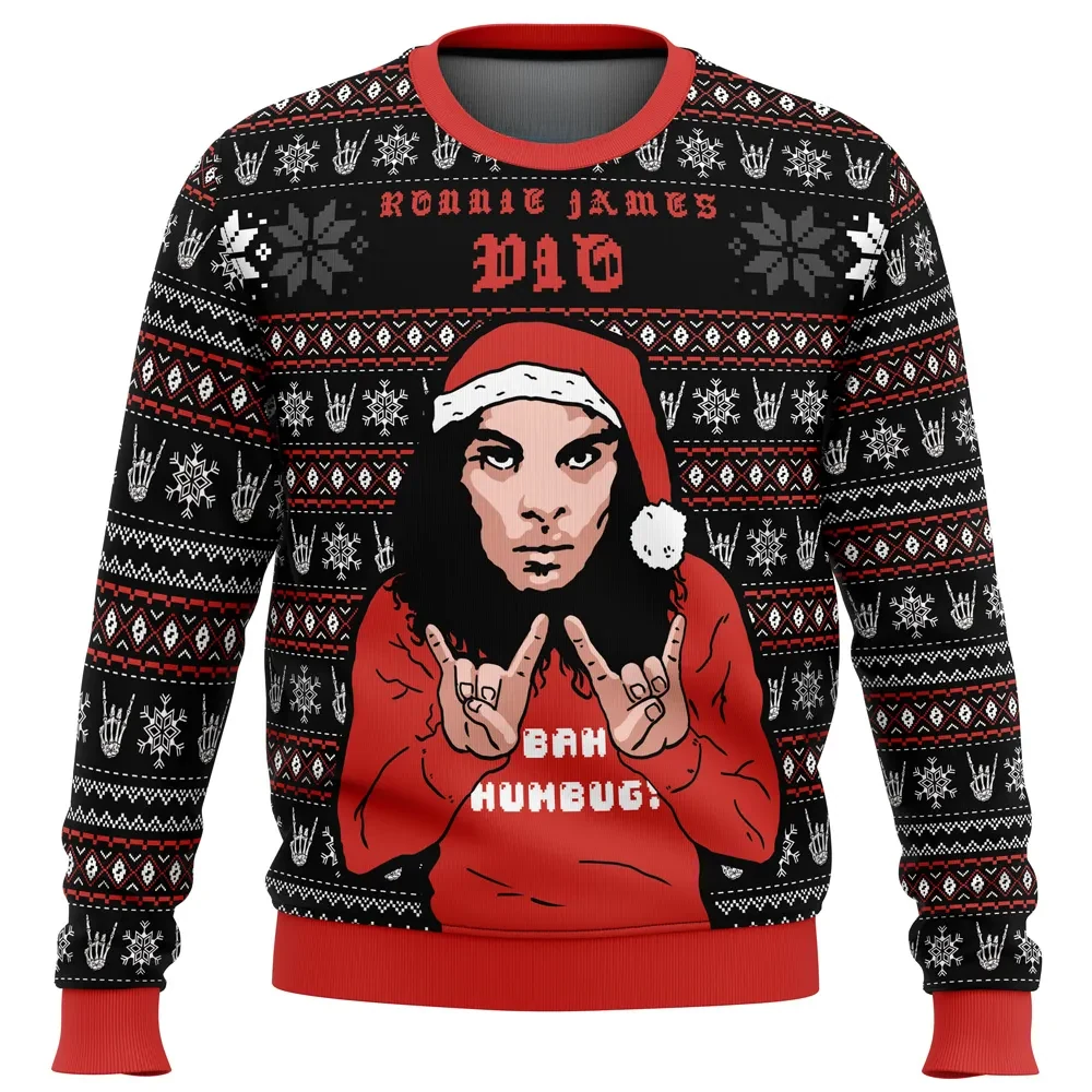 Ronnie James Dio Ugly Christmas Sweater, Bah Humbug Heavy Metal Holiday Sweatshirt, Devil Horns Rock Music Xmas Gift for Metalheads