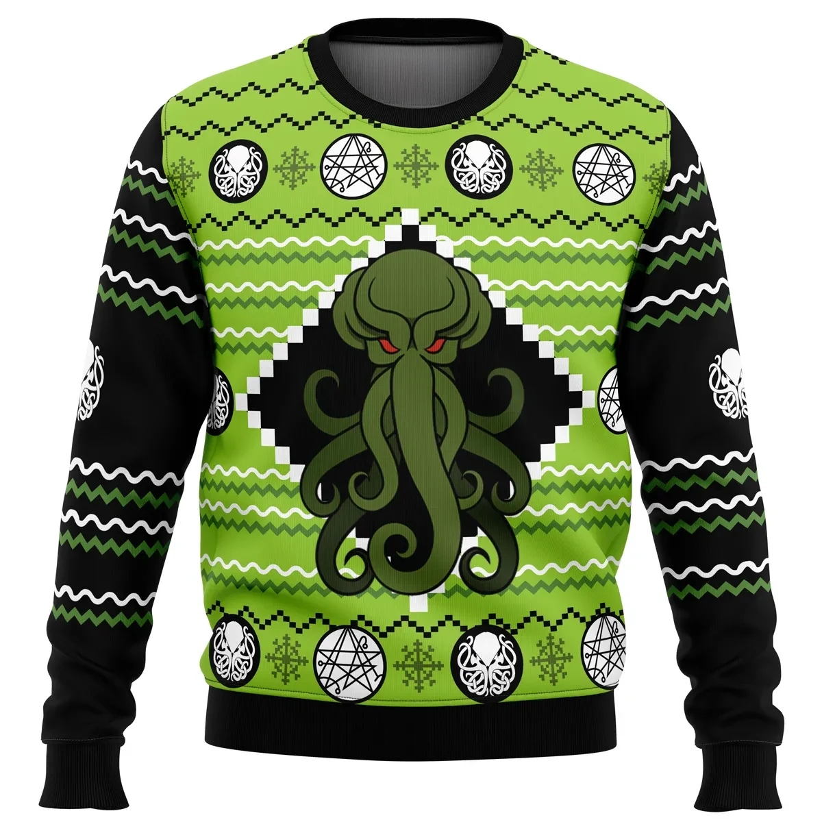 Cthulhu Ugly Christmas Sweater, Lovecraft Cthulhu Holiday Sweater, Elder Sign Emblems and Tentacled Great Old One, Horror Xmas Gift for Fans