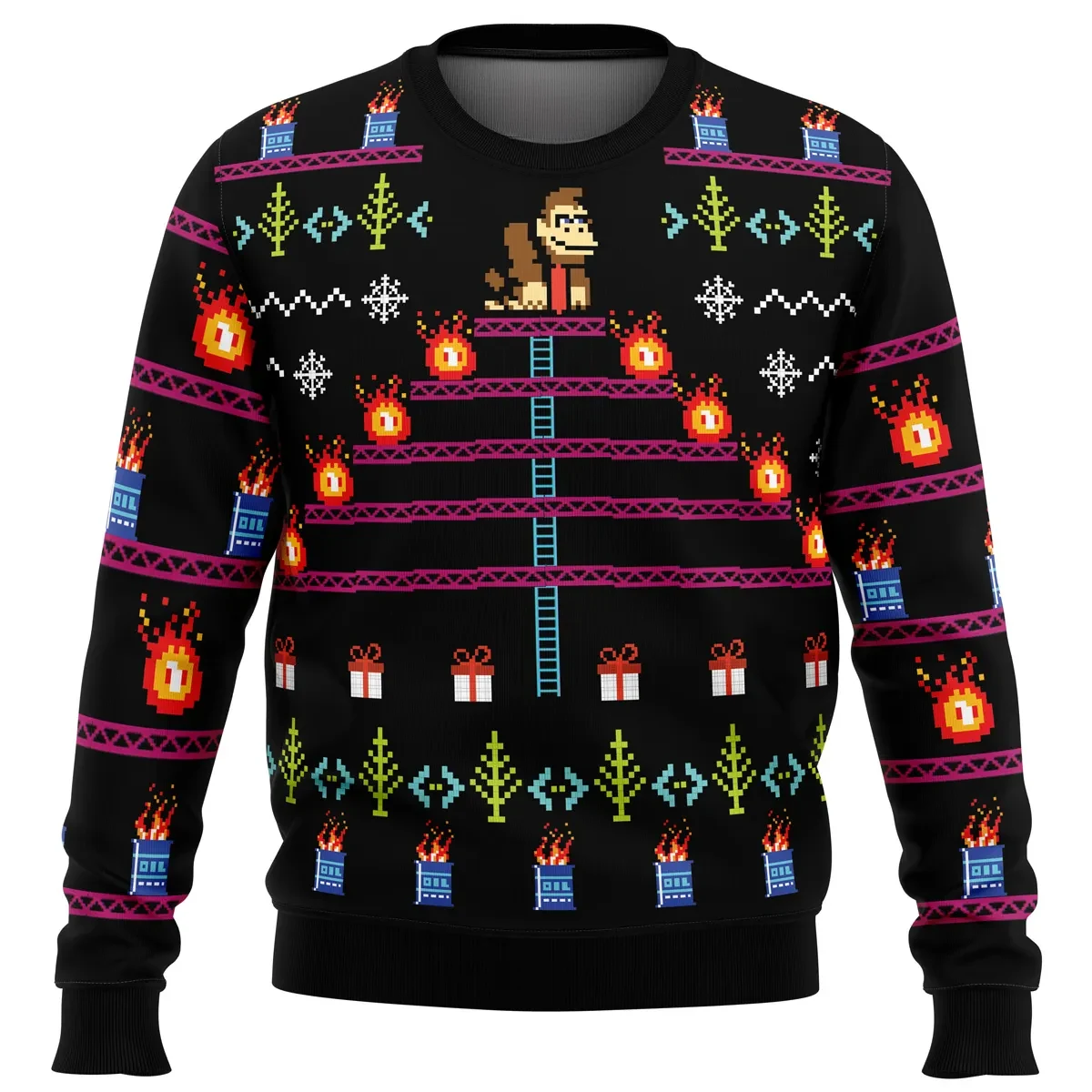 Donkey Kong Ugly Christmas Sweater, Nintendo Retro Gamer Holiday Sweater, Arcade Video Game Xmas Gift, Unisex All Over Print Pixel Sweatshirt