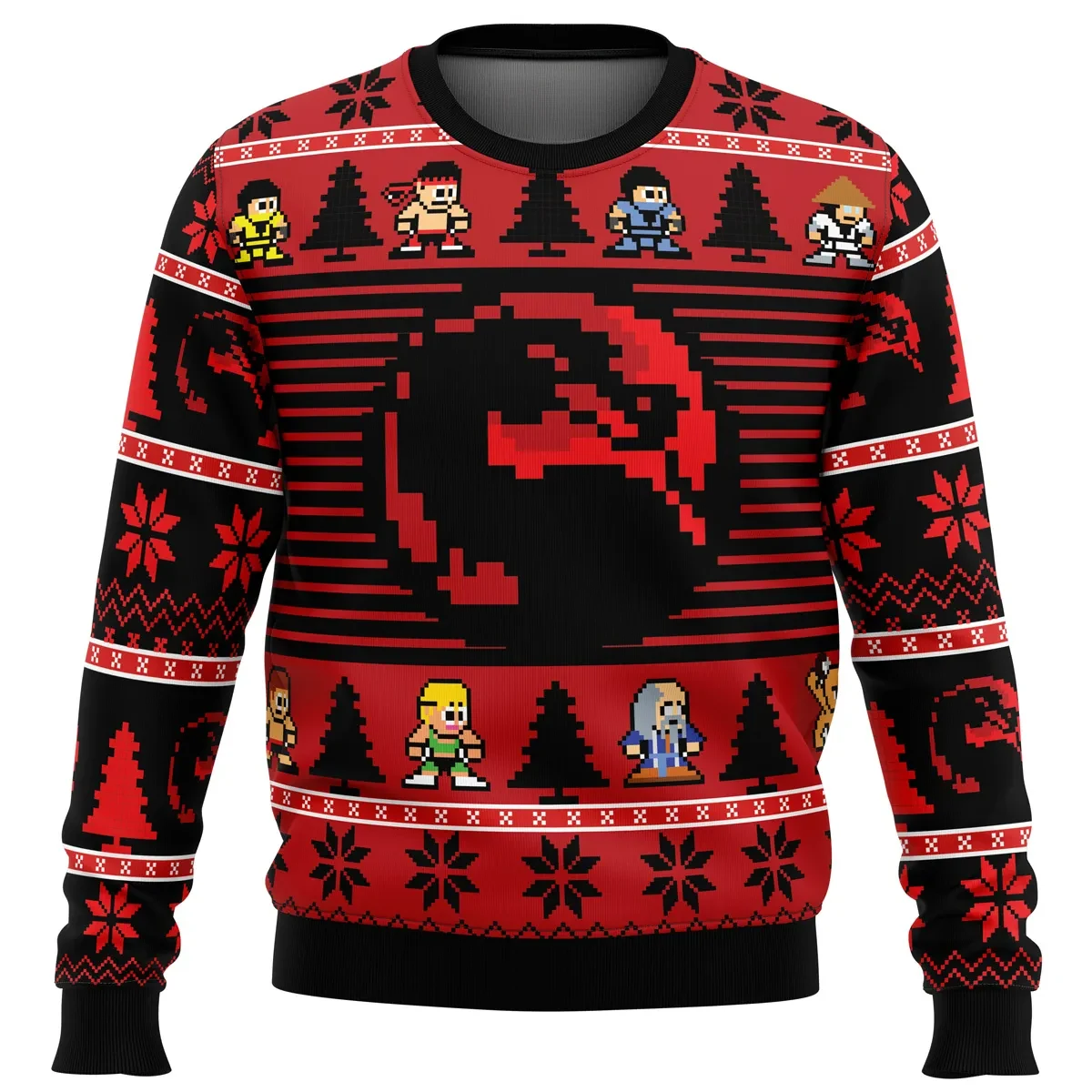 Mortal Kombat Dragon Logo Ugly Christmas Sweater, Retro Pixel Fighting Game Holiday Sweater, Unisex Gamer Xmas Gift for Arcade Fans