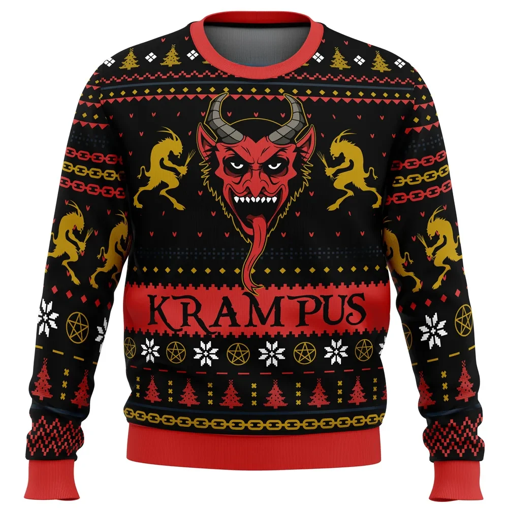 Krampus Ugly Christmas Sweater, Horror Holiday Sweater, Christmas Demon With Golden Goats Xmas Sweatshirt, Creepy Movie Fan Xmas Gift