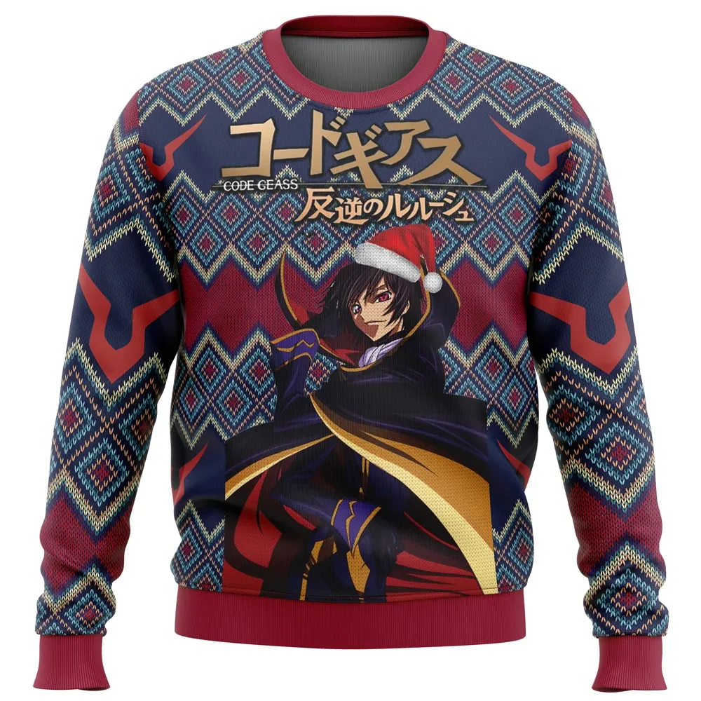 Code Geass Lelouch Ugly Christmas Sweater, Code Geass Zero Santa Hat Holiday Sweatshirt, Unisex Mecha Anime Xmas Gift for Fans