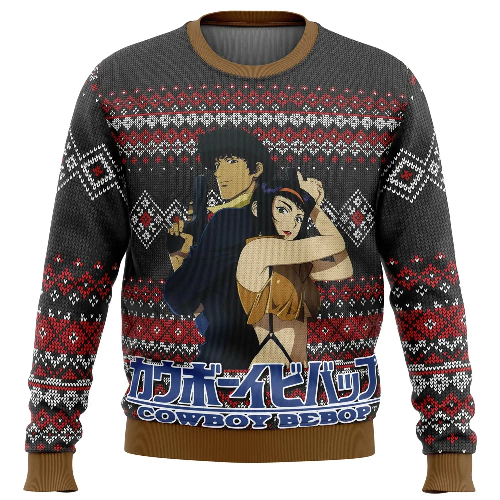 Cowboy Bebop Ugly Christmas Sweater, Spike Spiegel and Faye Valentine Anime Holiday Sweatshirt, Unisex Retro Xmas Gift for Space Cowboys