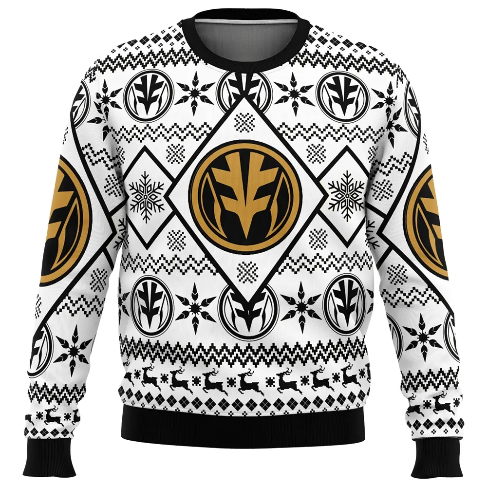 Christmas White Ranger Power Rangers Ugly Christmas Sweater, Mighty Morphin Holiday Sweater, Tigerzord Emblem 90s Superhero Xmas Gift for Fans
