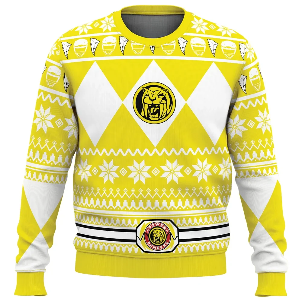 Mighty Morphin Yellow Ranger Ugly Christmas Sweater, Power Rangers Holiday Sweater, Sabertooth Tiger Power Coin Unisex Sweatshirt, TV Xmas Gift