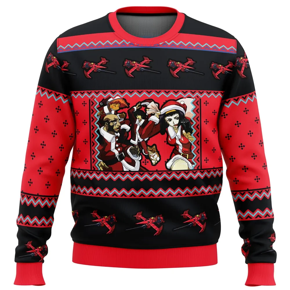 Cowboy Bebop Holiday Ugly Christmas Sweater, Spike Jet Faye Santa Sweater, Ed and Ein Anime Xmas Gift, Unisex All Over Print Sweatshirt