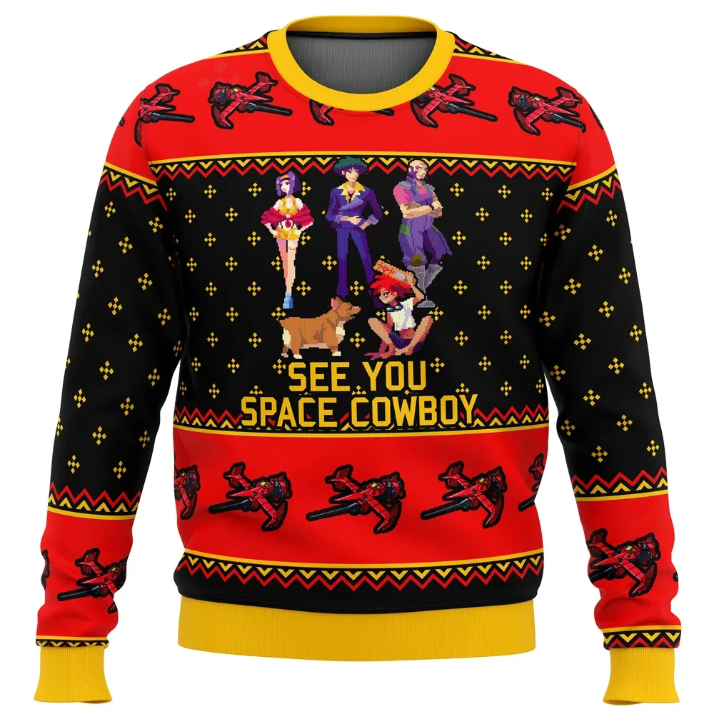 Cowboy Bebop See You Space Cowboy Ugly Christmas Sweater, Spike Faye Jet Ed and Ein Holiday Sweater, Unisex Xmas Sweatshirt, Anime Gift for Fans