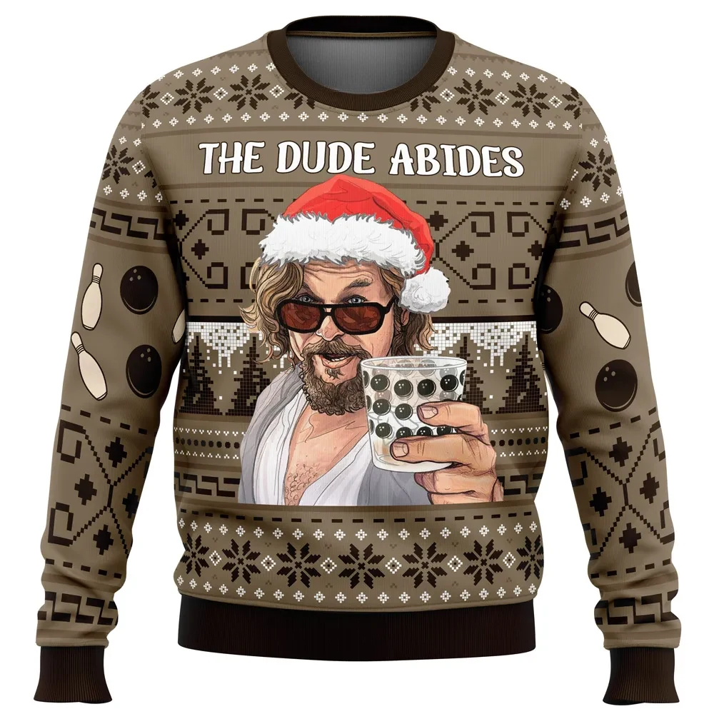 The Dude Abides Ugly Christmas Sweater, The Big Lebowski Holiday Sweater, White Russian Toast in Santa Hat, Funny Movie Xmas Gift